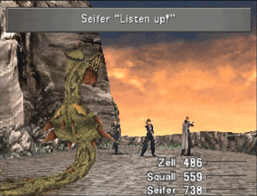 Squall, Seifer and Zell battling against an Anacondaur