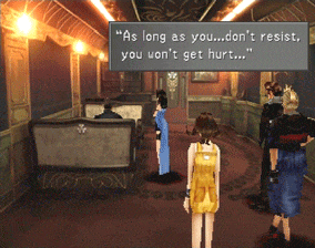 Rinoa on board the Timber Train speaking to the fake President