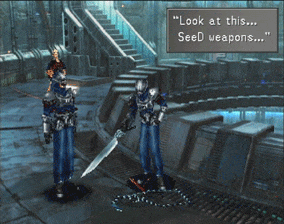 Galbadian Soldiers looking at the SeeD weapons