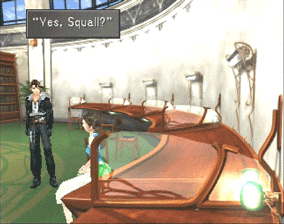 Squall meeting up with Ellone in the Balamb Garden Library