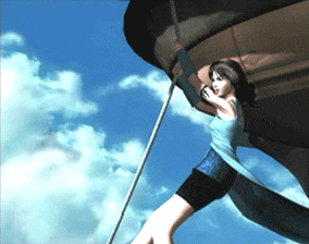 Rinoa being saved by Squall from the Balamb Balcony