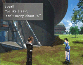 Squall speaking with Rinoa outside of Galbadia Garden