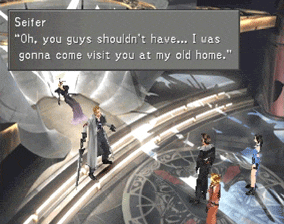 Seifer stopping the party in front of Edea on the second floor of Galbadia Garden