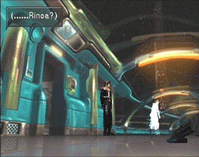 Rinoa walking through the Lunar Base with Squall chasing her
