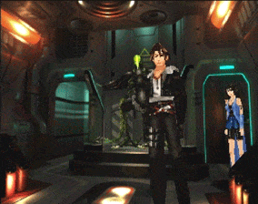 Squall and Rinoa passing a green Propagator on the elevator lift