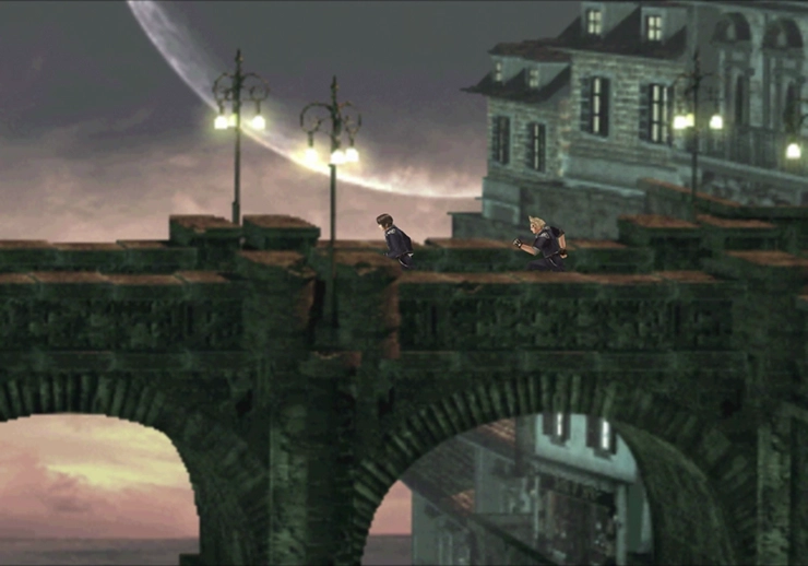 Squall and Zell following Seifer across the bridge of Dollet