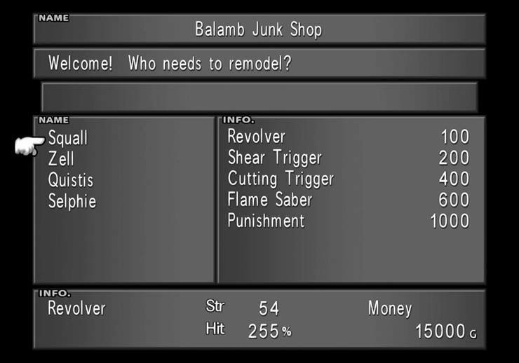 The junk shop at Balamb Garden upgrading Squall’s weapons