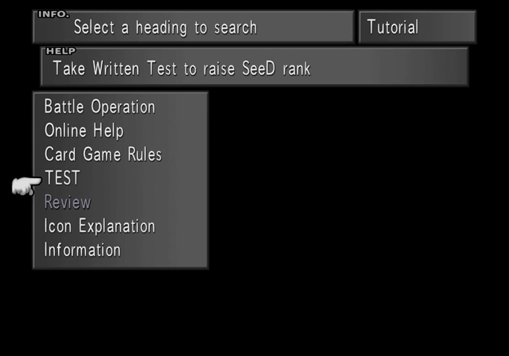 Initiating a SeeD ranking exam from the menu screen