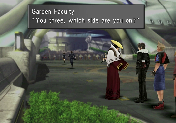 A Balamb Garden faculty member accosting Squall and the team to find out which side of the battle they are on