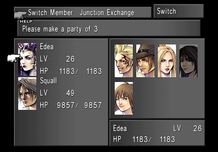 The Character select screen with Edea