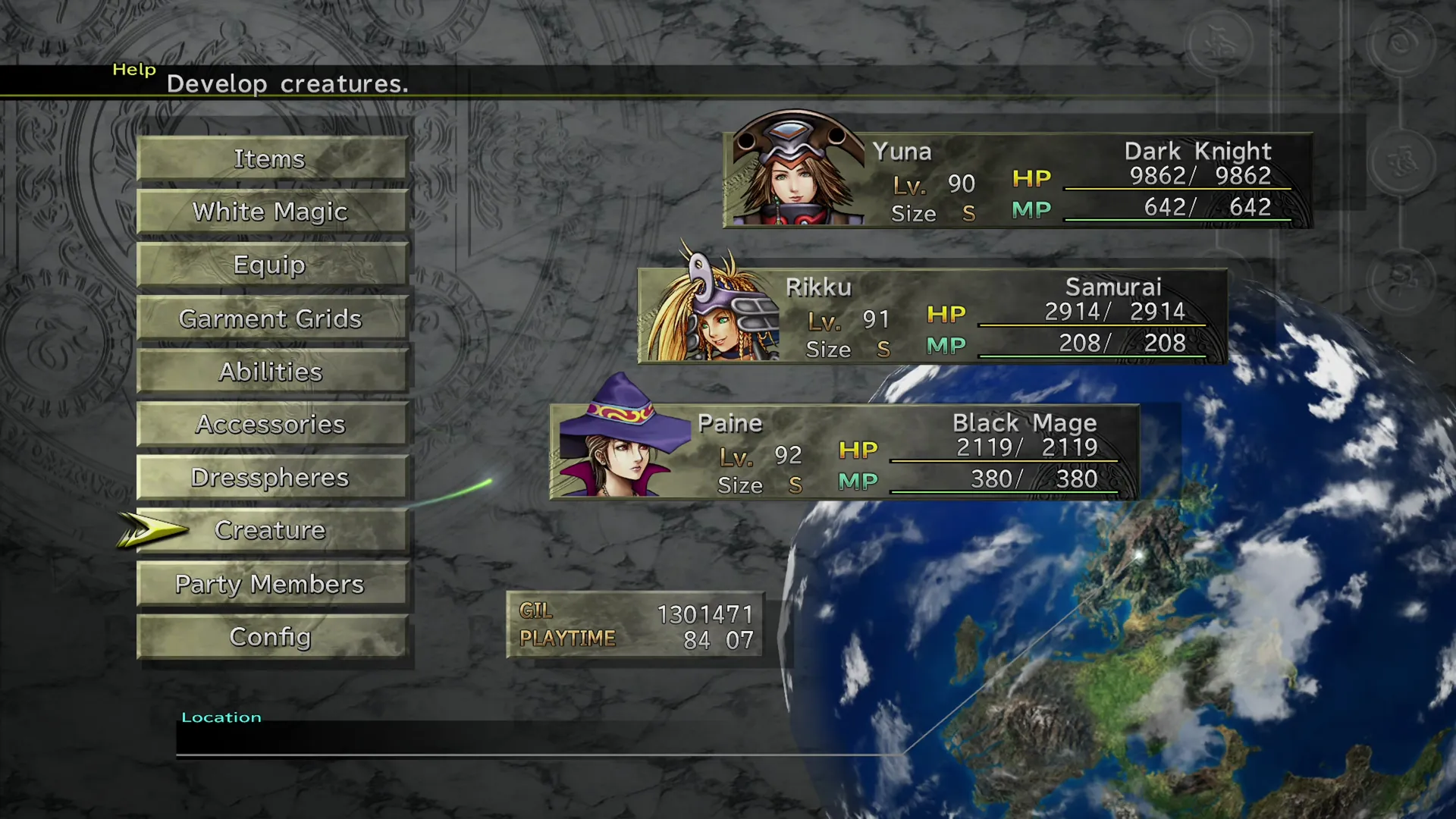 Selecting the “Creature” option in the menu screen