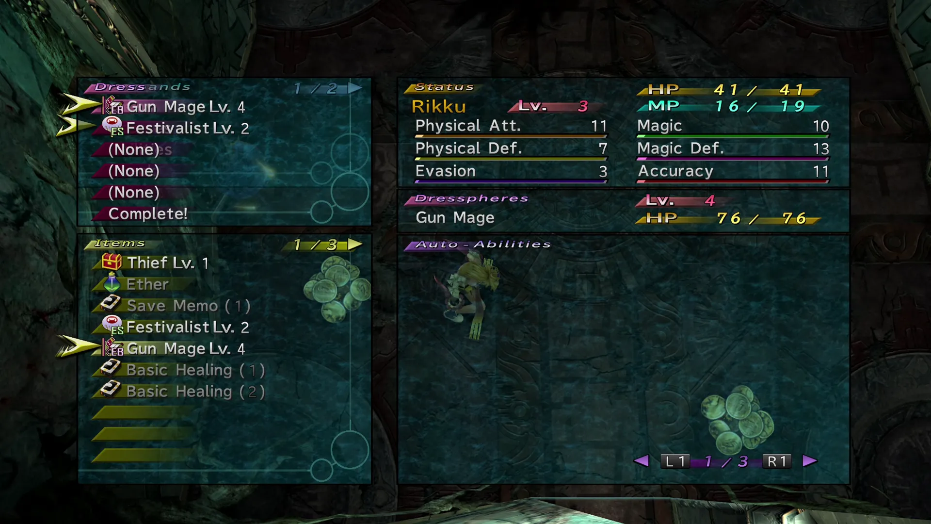 Selecting the Gun Mage Dresspheres in the menu screen