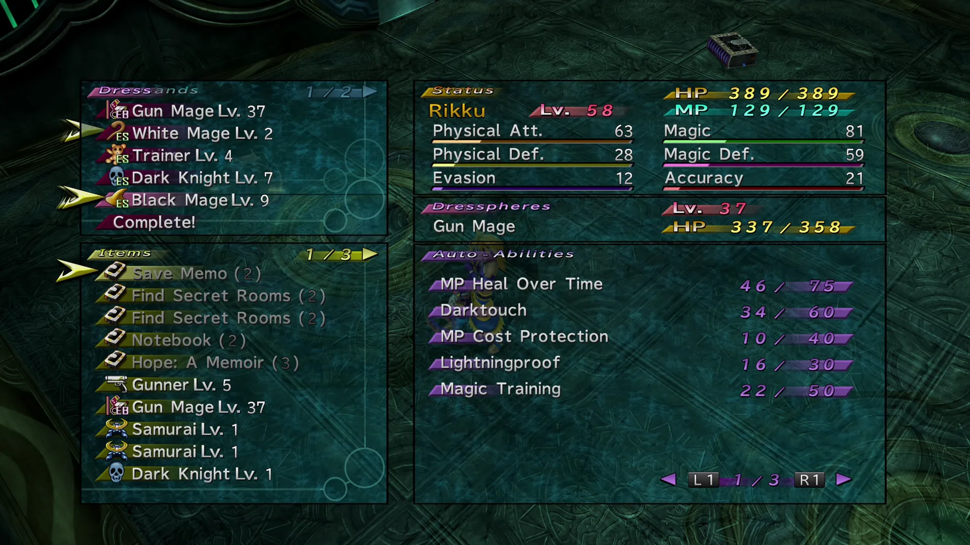 Menu screen in Last Mission covering Dresspheres, Status, Items and Auto-Abilities