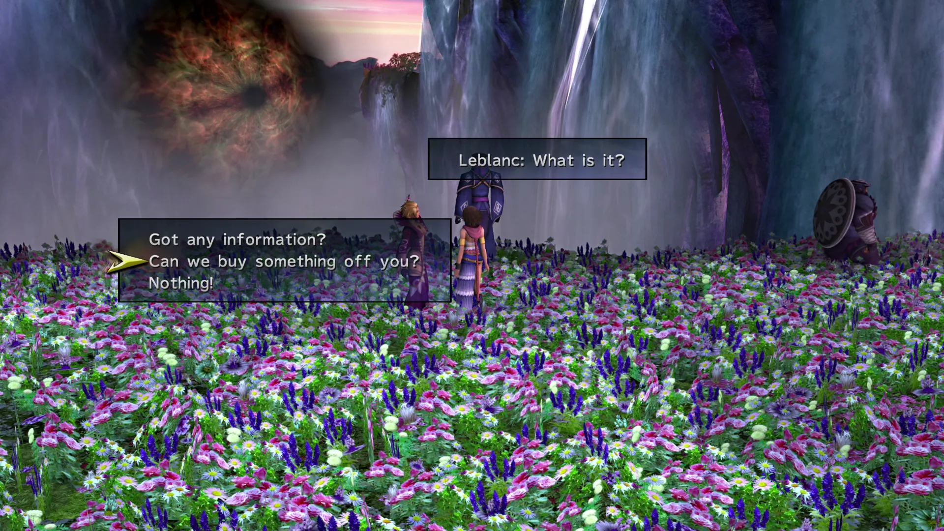 Speaking to Leblanc to buy items in the Farplane Glen