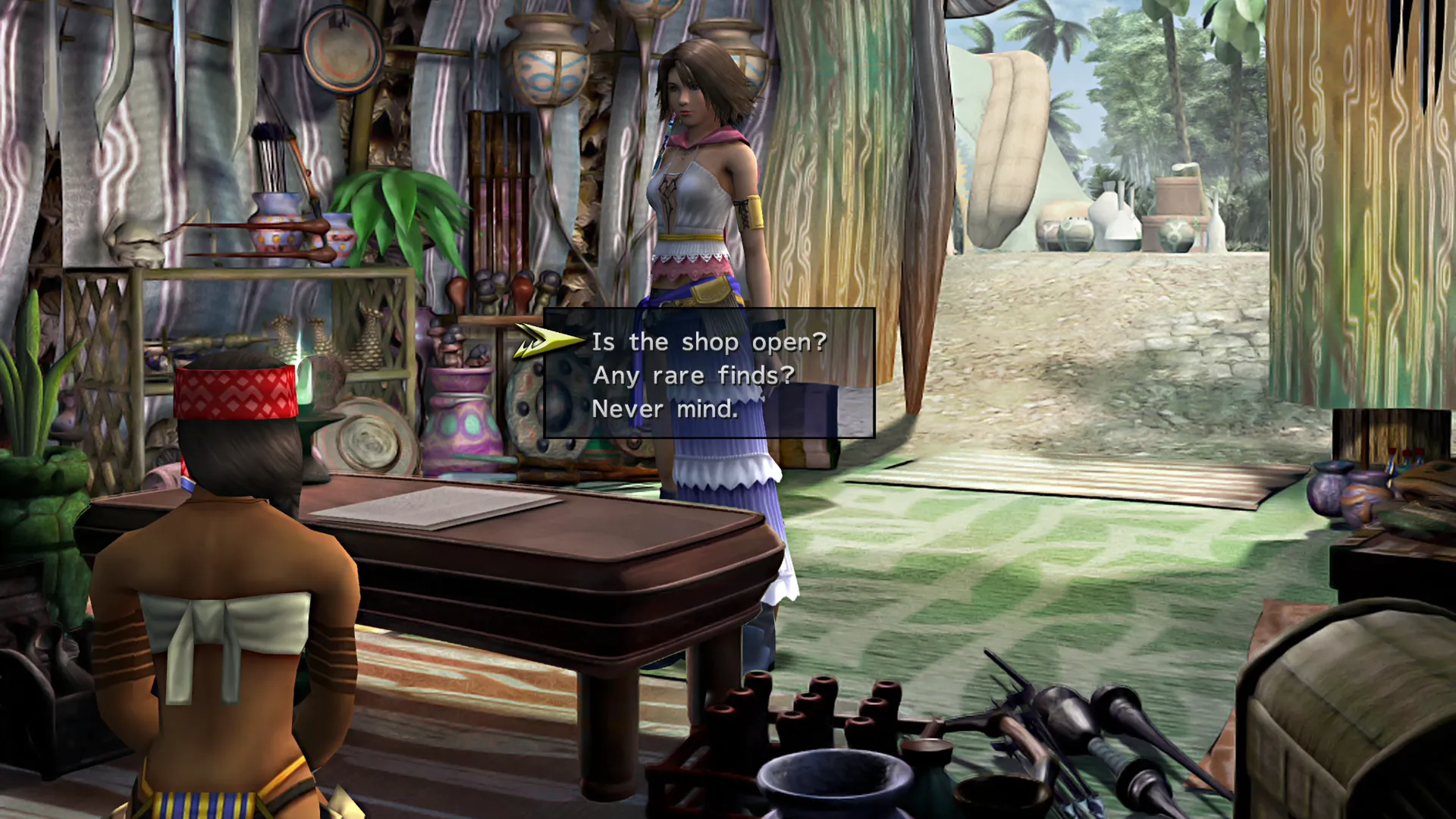 Speaking to the shopkeeper in one of the tents in Besaid Village