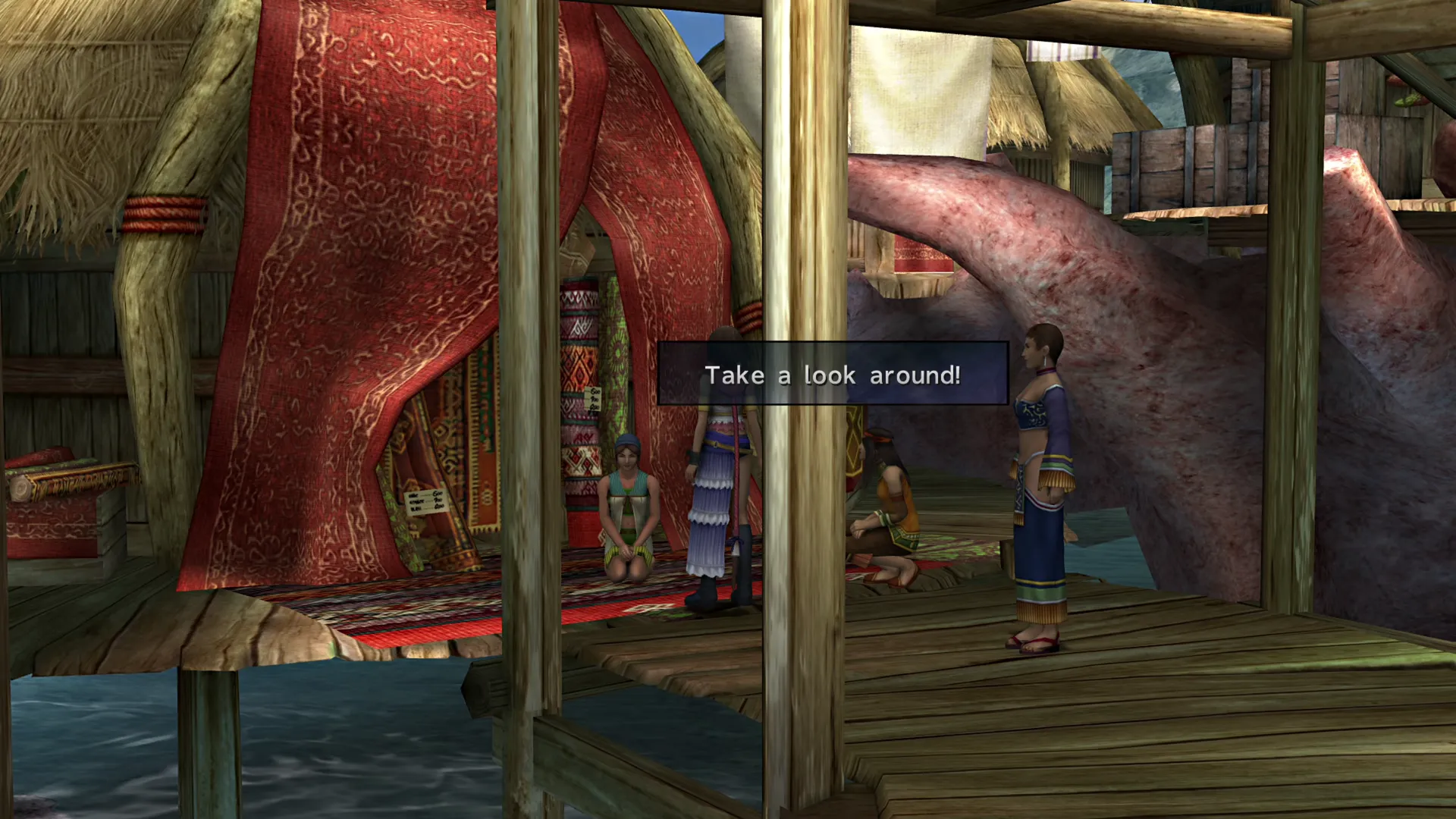 Speaking to the shopkeeper in front of the red tent on the docks of Kilika Port