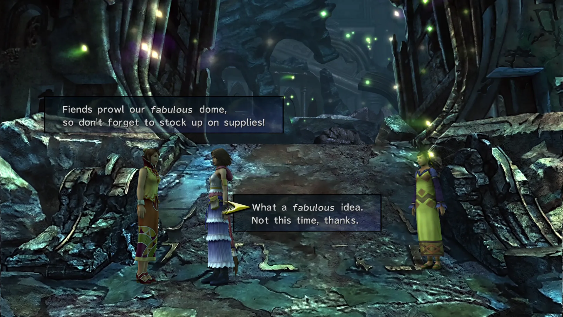 Speaking to the shopkeeper outside the Zanarkand Ruins Dome