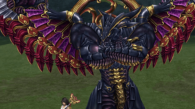 Bahamut staring down at Yuna in disgust