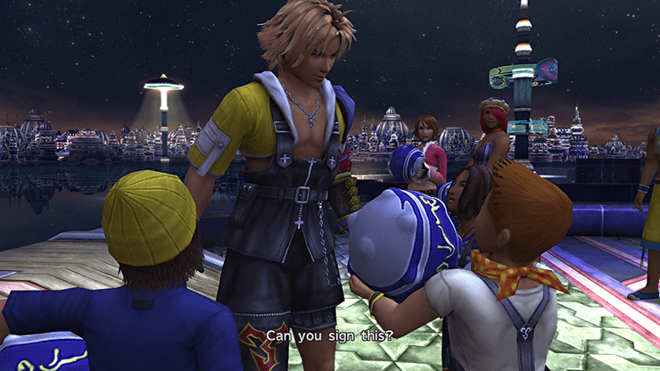 Tidus signing a Blitzball for a little boy