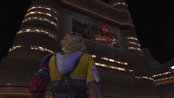 Tidus looking at a screen with Jecht on it