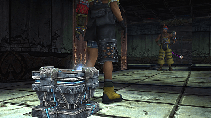 Tidus meeting up with Wakka inside the Besaid Cloister of Trials