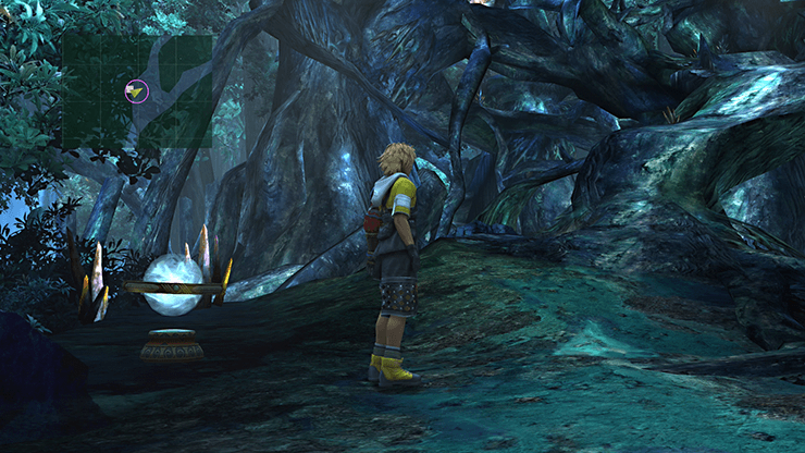 Tidus at the Save Sphere in Macalania Woods