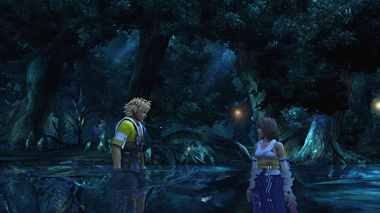 Tidus and Yuna during thier romance scene in the Macalania Woods