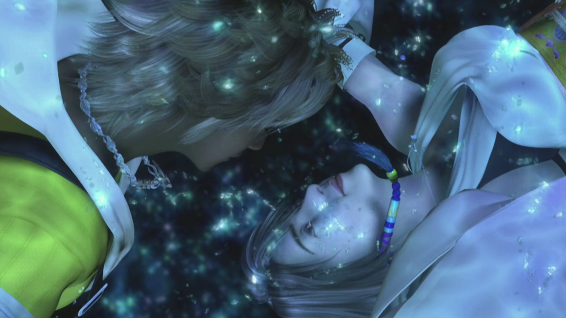 Tidus and Yuna looking deep into each other’s eyes