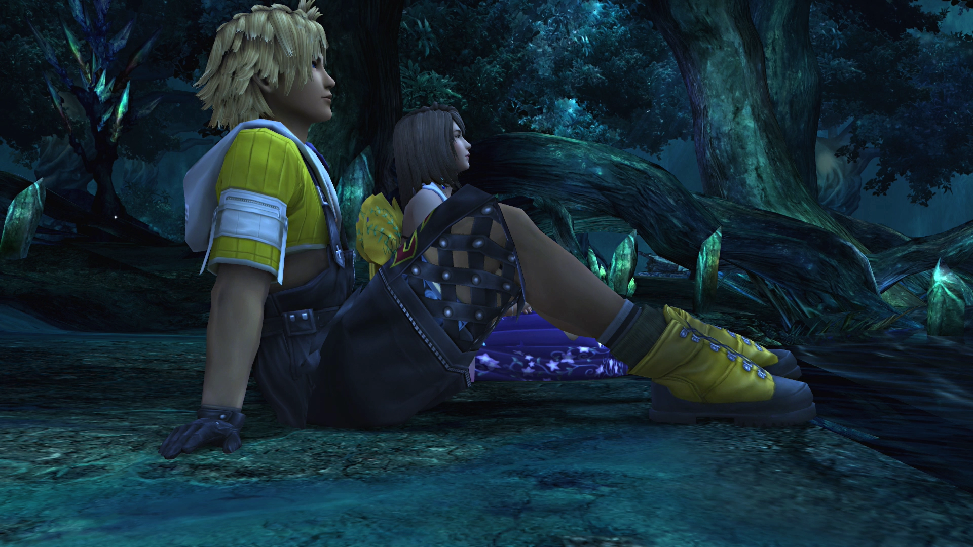 Tidus and Yuna embracing