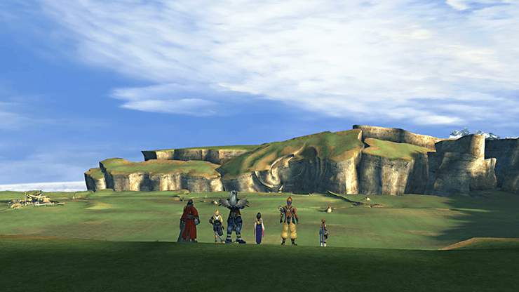 Tidus, Rikku, Yuna, Lulu, Auron, Wakka and Kimahri entering the Calm Lands