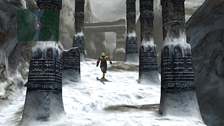 Tidus entering Mt. Gagazet with pillars on either side of the pathway