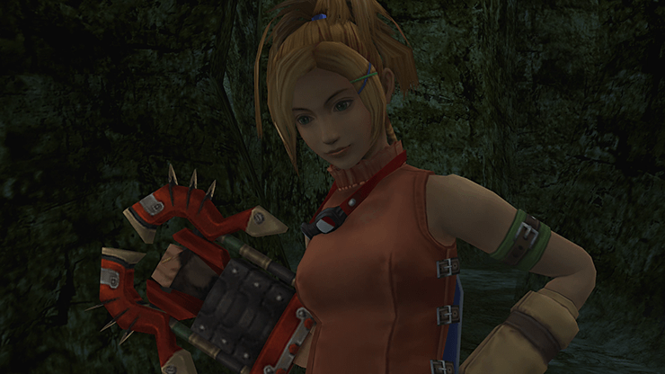 Rikku holding the Godhand weapon
