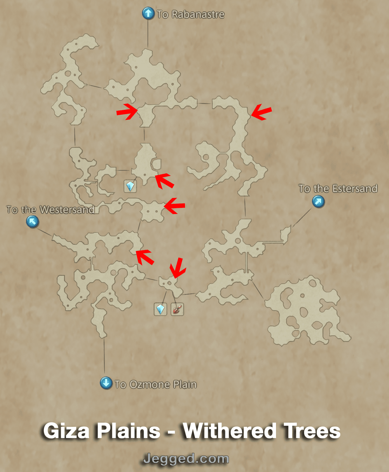 Map of the Giza Plains with the Withered Tree locations highlighted
