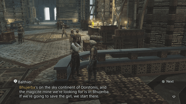 Telling Balthier that you are ready to depart in the Aerodrome of Rabanastre