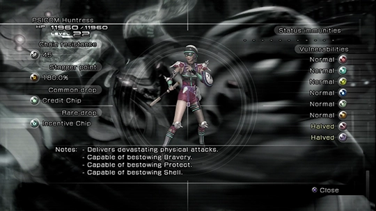 Enemy Intel entry in the Datalog for a PSICOM Huntress