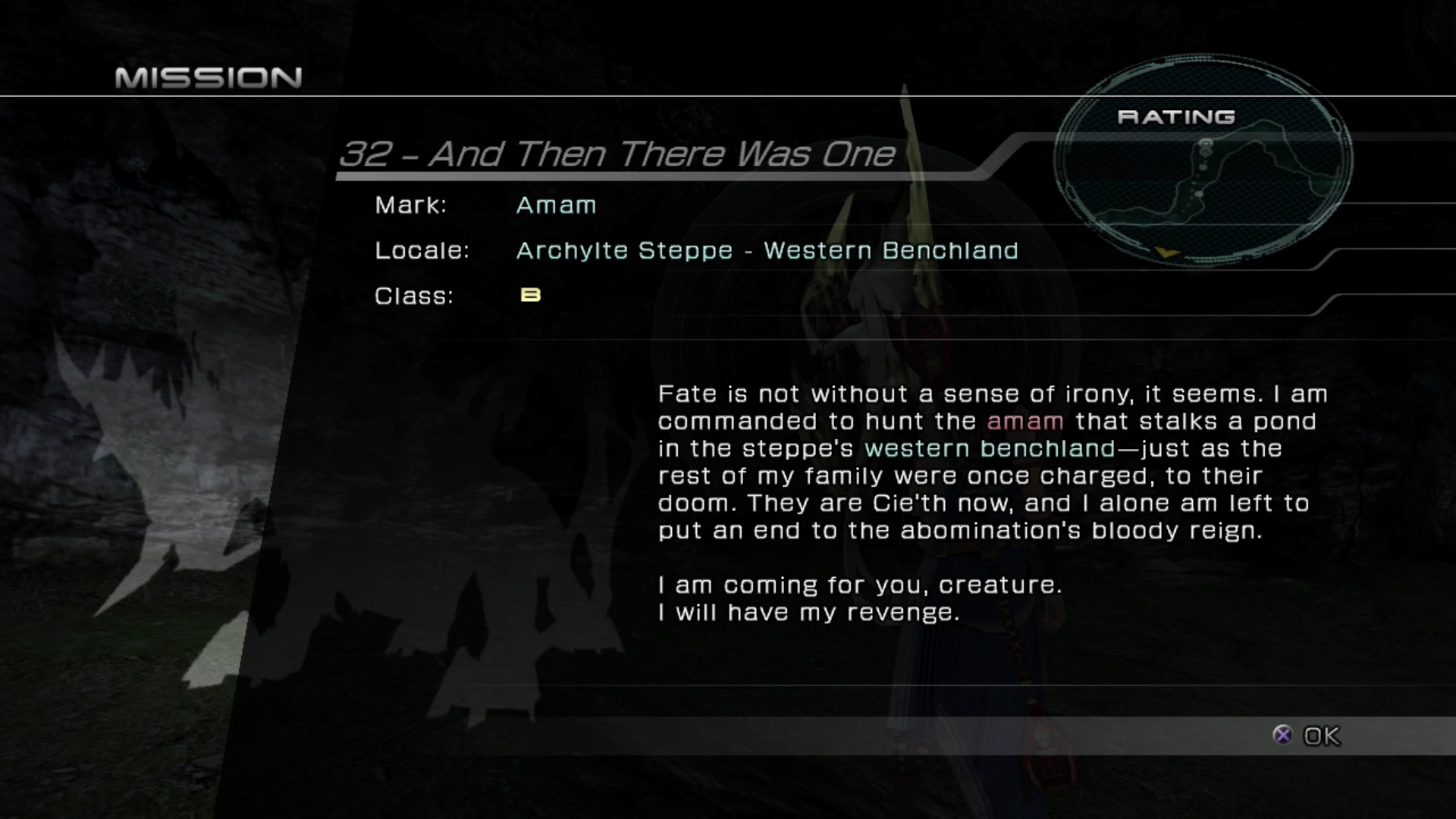 The objective overview screen for Mission 32 against Amam