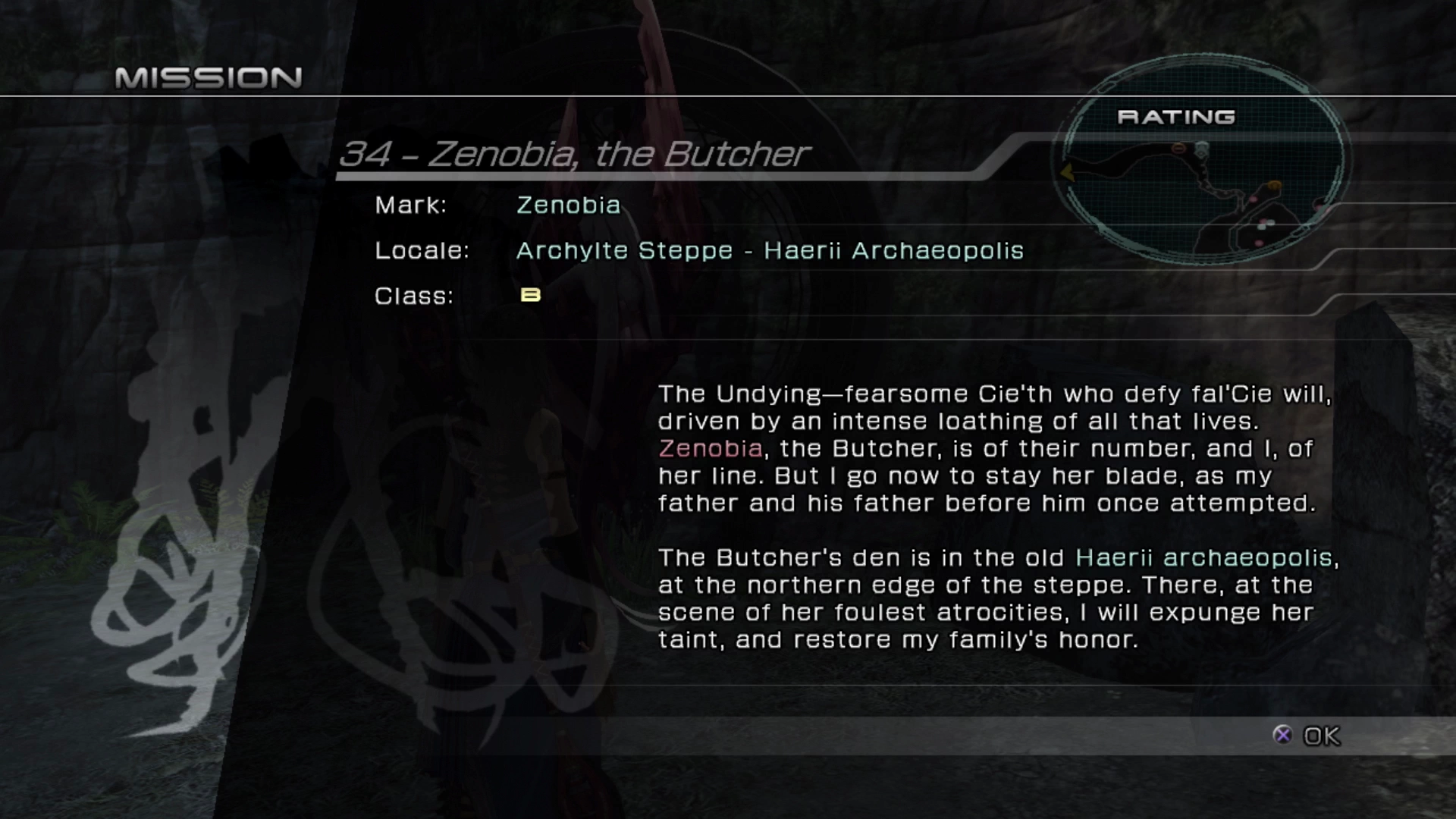 The objective overview screen for Mission 34 against Zenobia / Tonberry