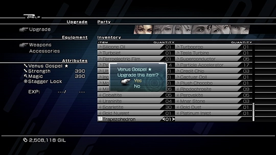 The weapon upgrade screen at a Save Station