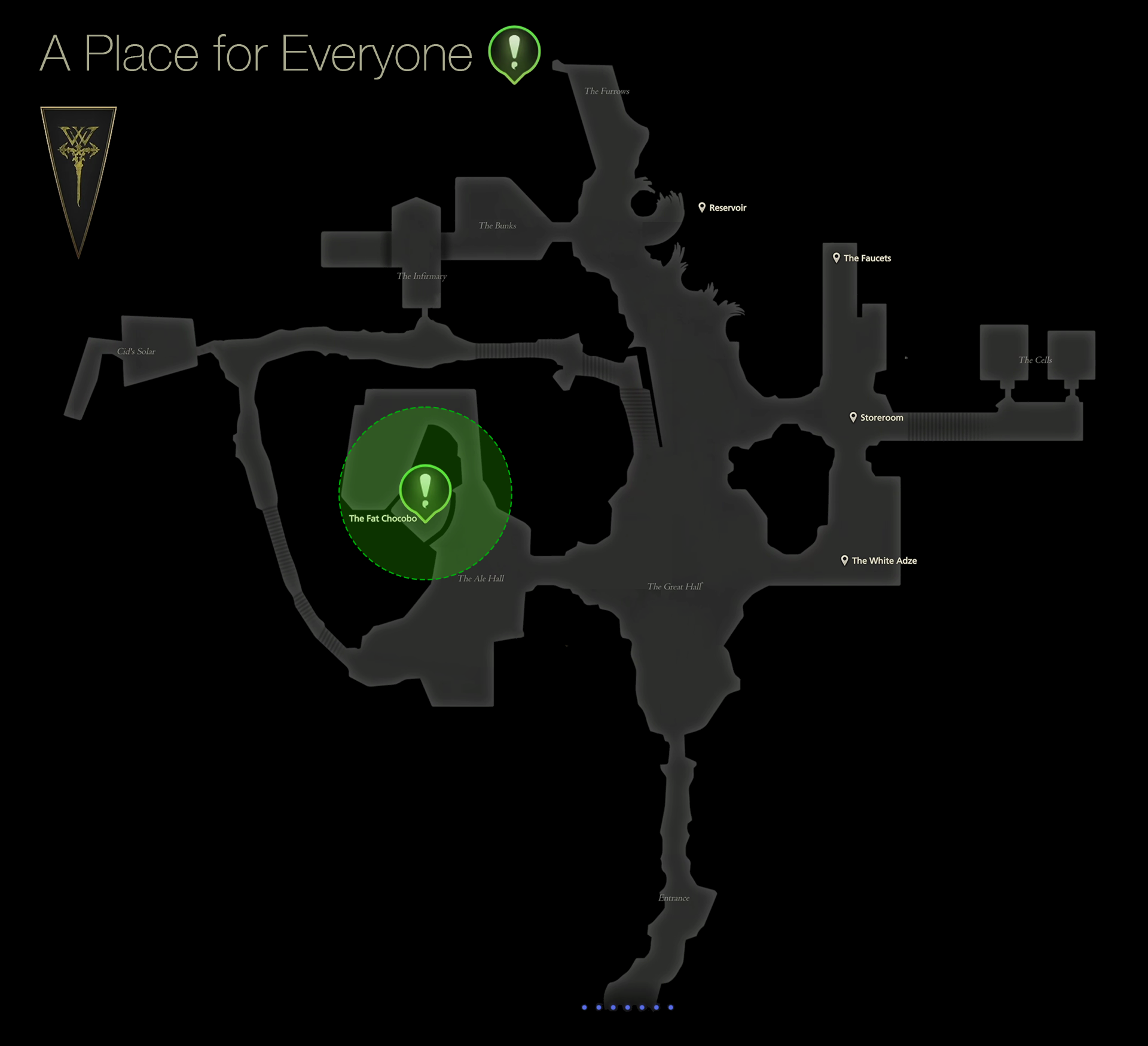 Map showing the location of Kenneth, the Kitchen Head, in the Fat Chocobo in the Hideaway