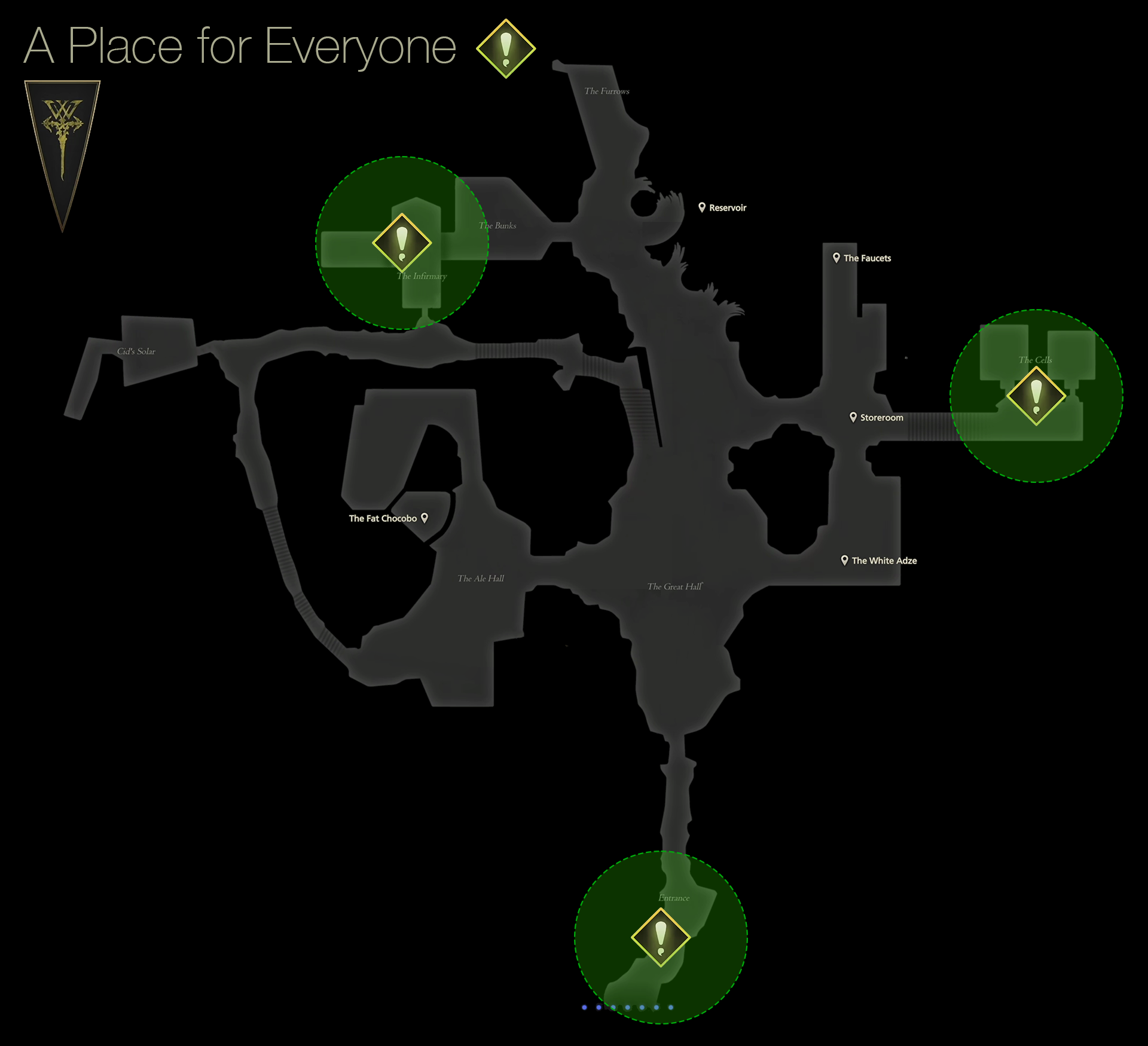 Map showing the delivery locations for the Hearty Meals during the A Place For Everyone optional quest in the Hideaway