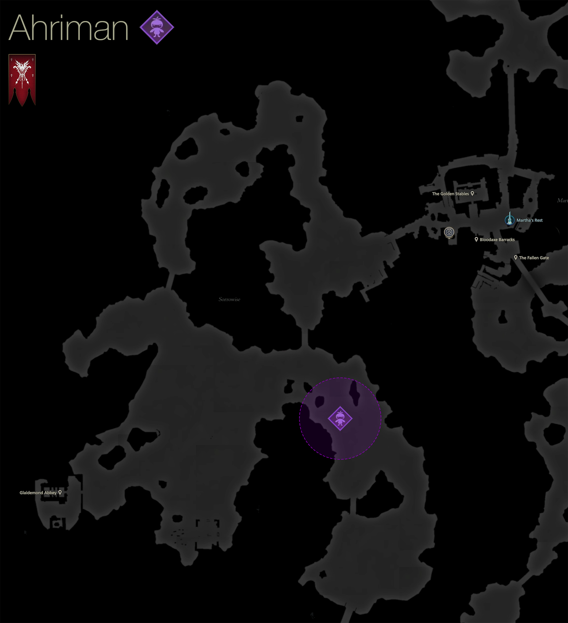 Map showing the location of the Notorious Mark, Ahriman, in the Sorrowise area of Rosaria