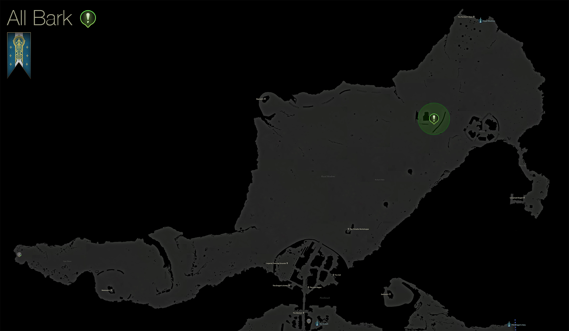 Map showing the location of Benoit, the person who initiates the All Bark optional quest in the Royal Meadows