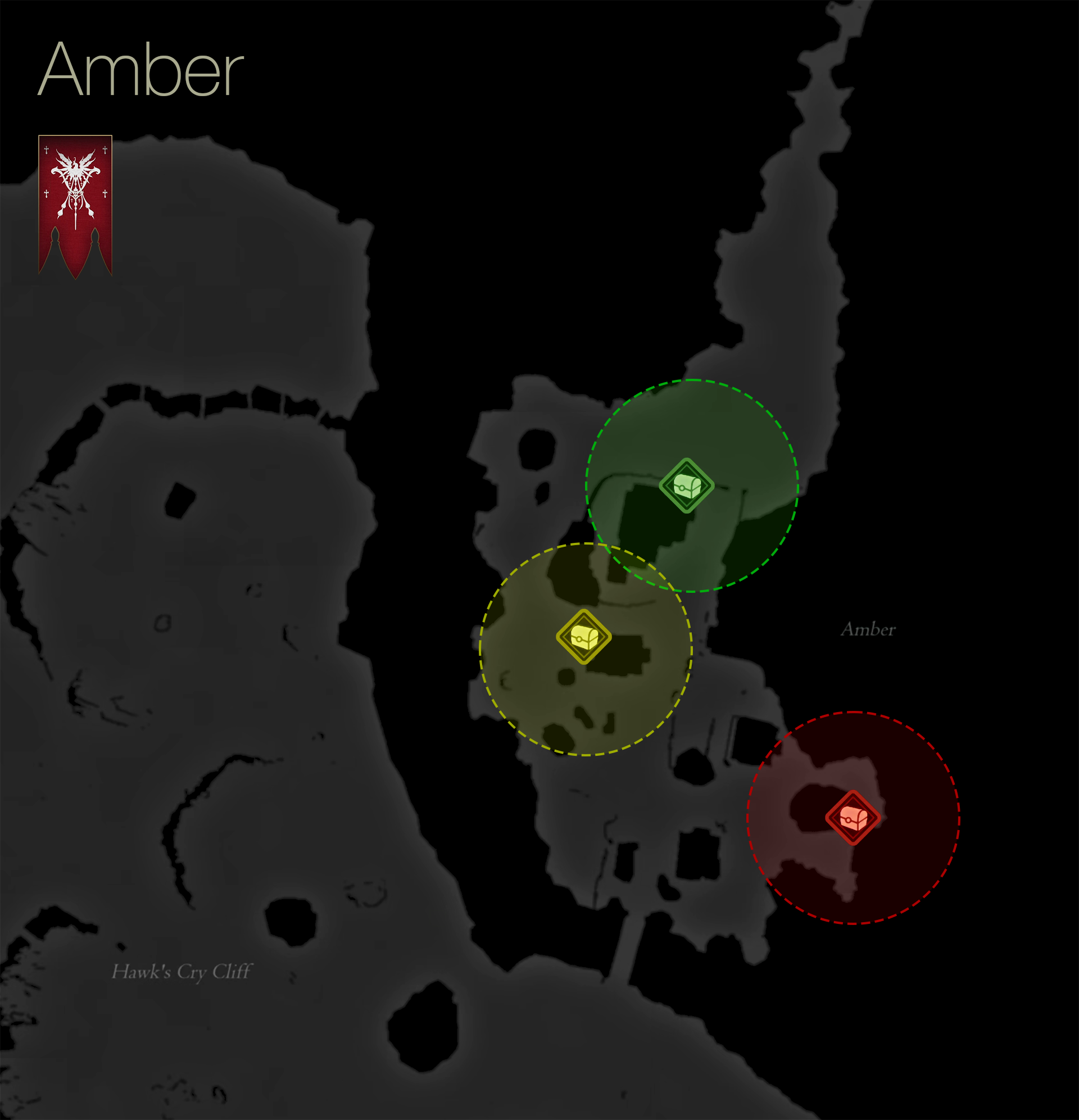 Map showing the location of the treasure coffers in the town of Amber