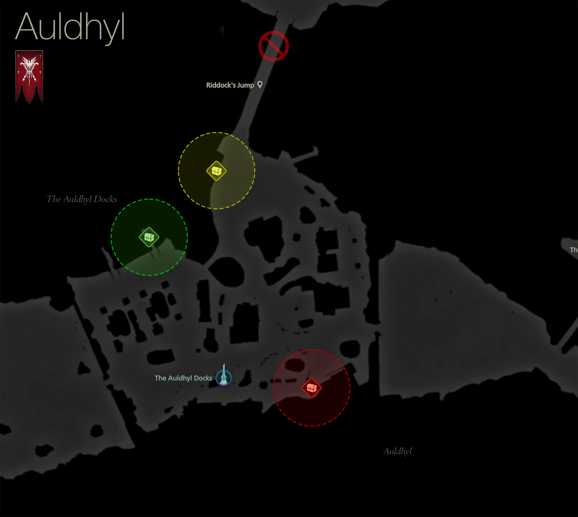 Map showing the location of the treasure coffers in Auldhyl