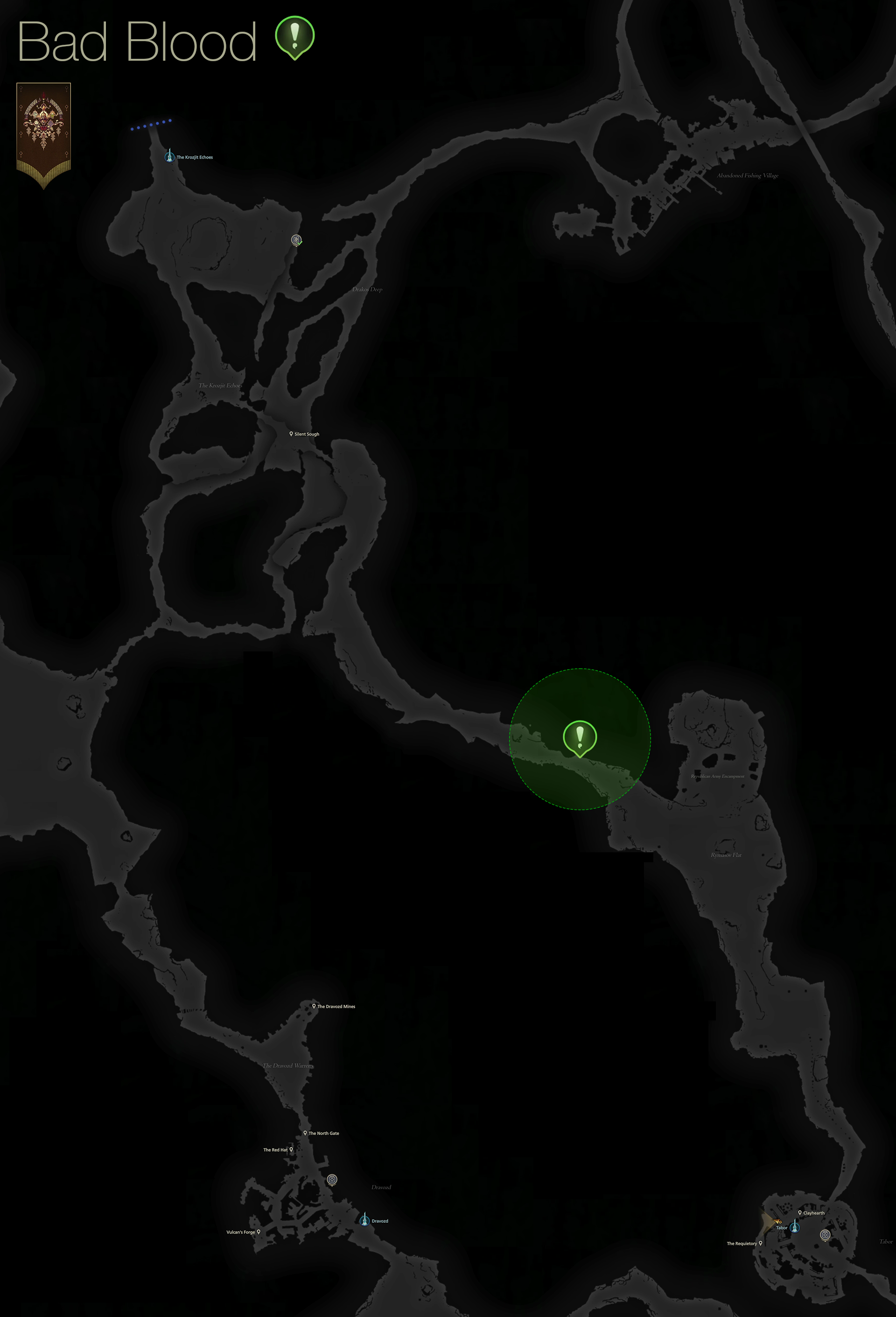 Map showing the location of the Wounded Republican Soldier who starts the Bad Blood quest in Dhalmekia