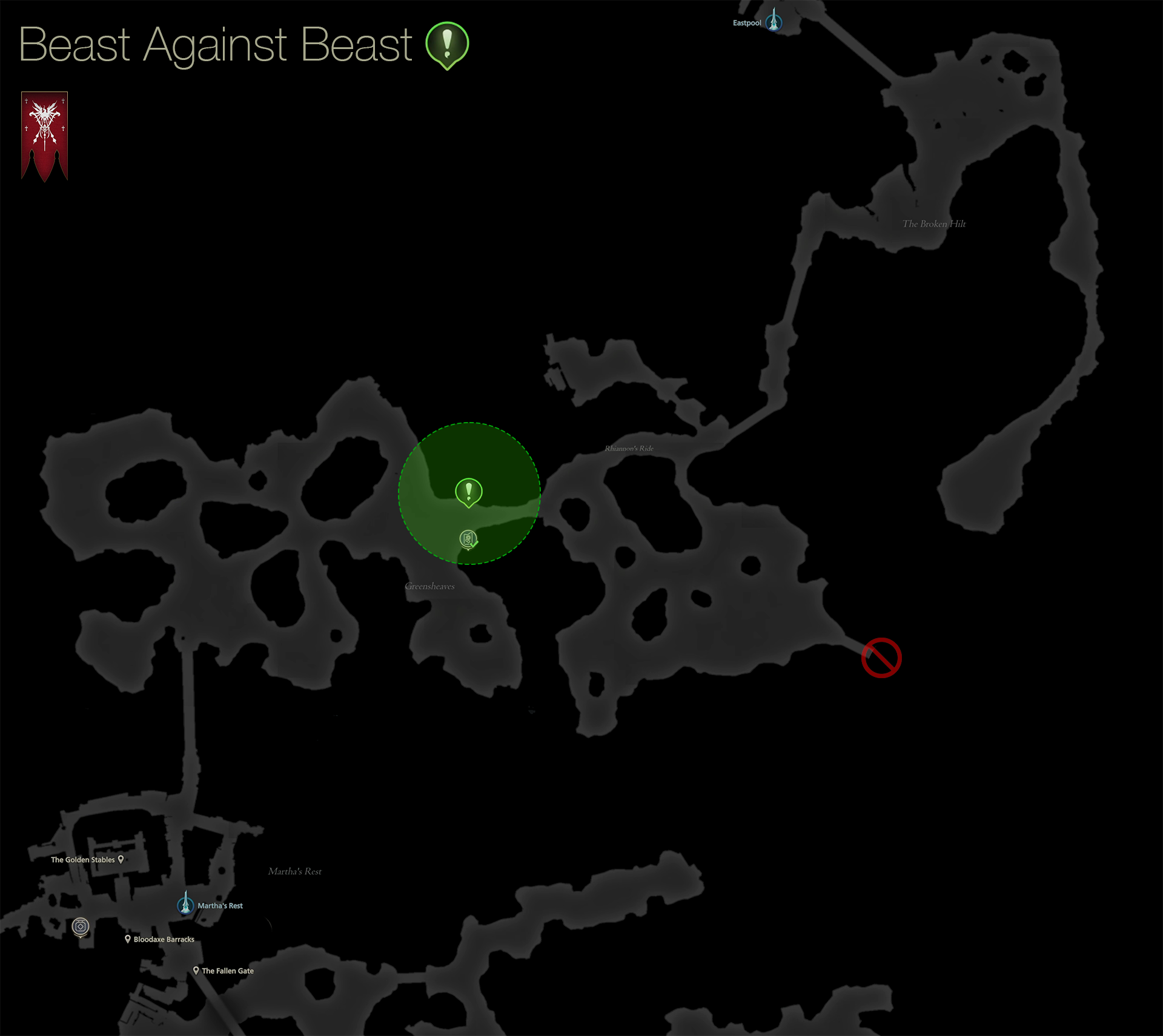 Map showing the location of Fredric who initiates the Beast Against Beast quest along the road to Eastpool