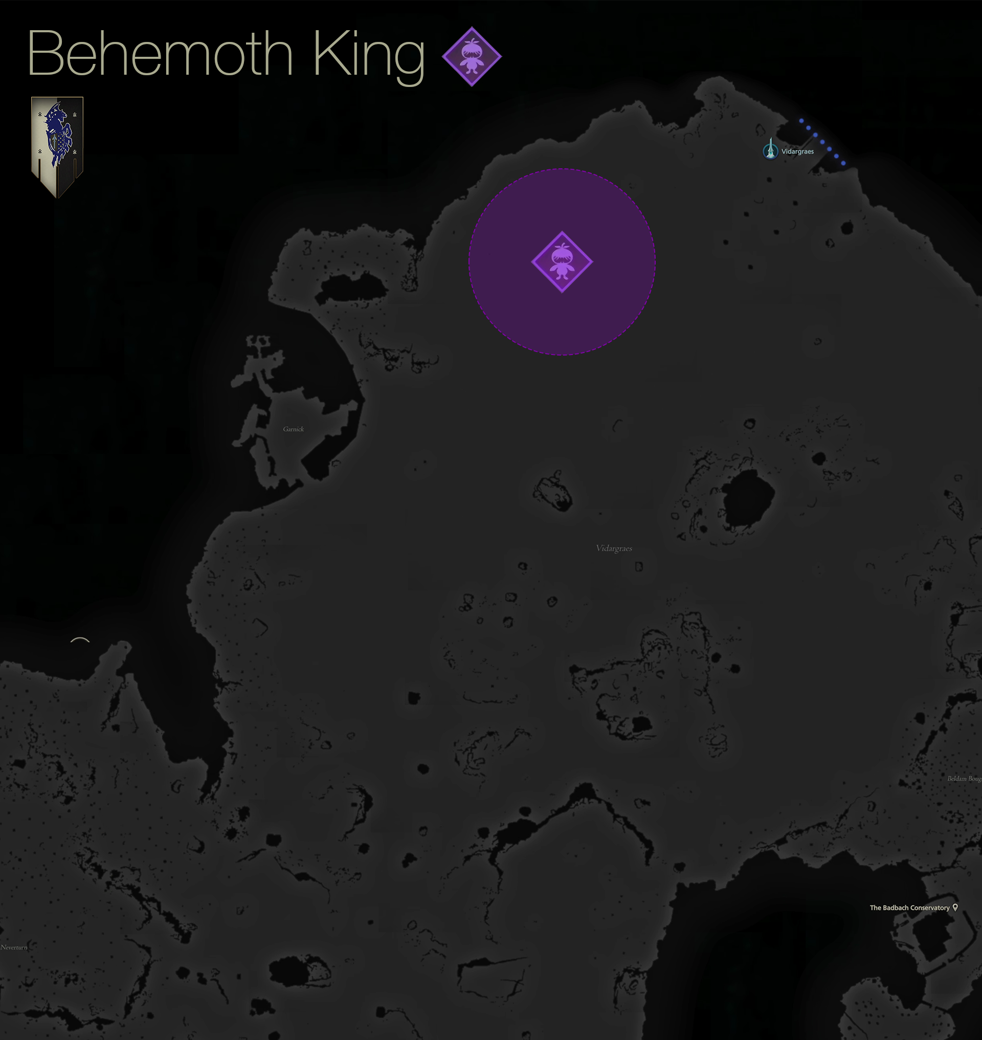 Map showing the location of the Notorious Mark, Behemoth King, in the Vidargraes area of Waloed