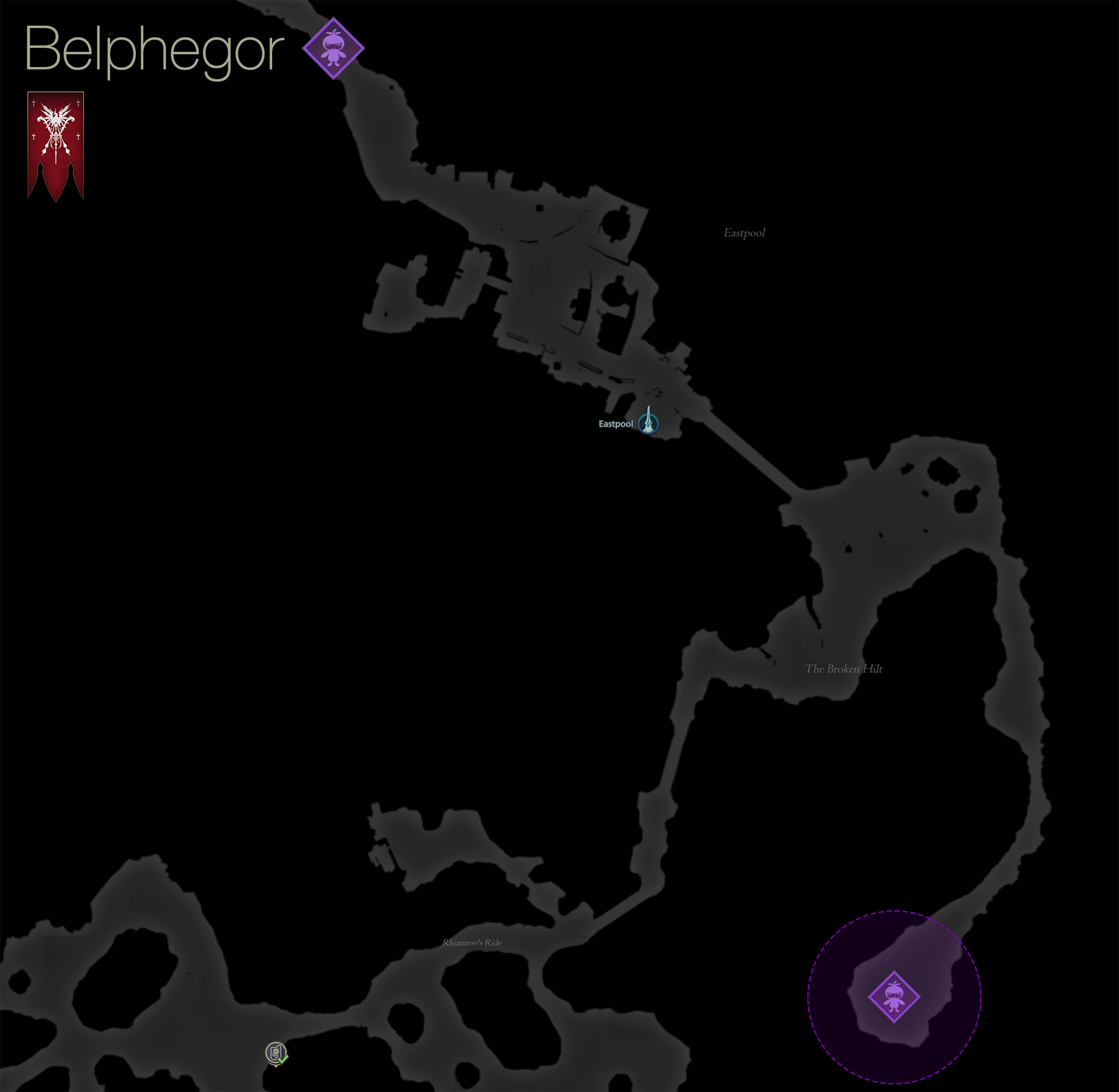 Map showing the location of the Notorious Mark, Belphegor, in the the Broken Hilt area of Rosaria