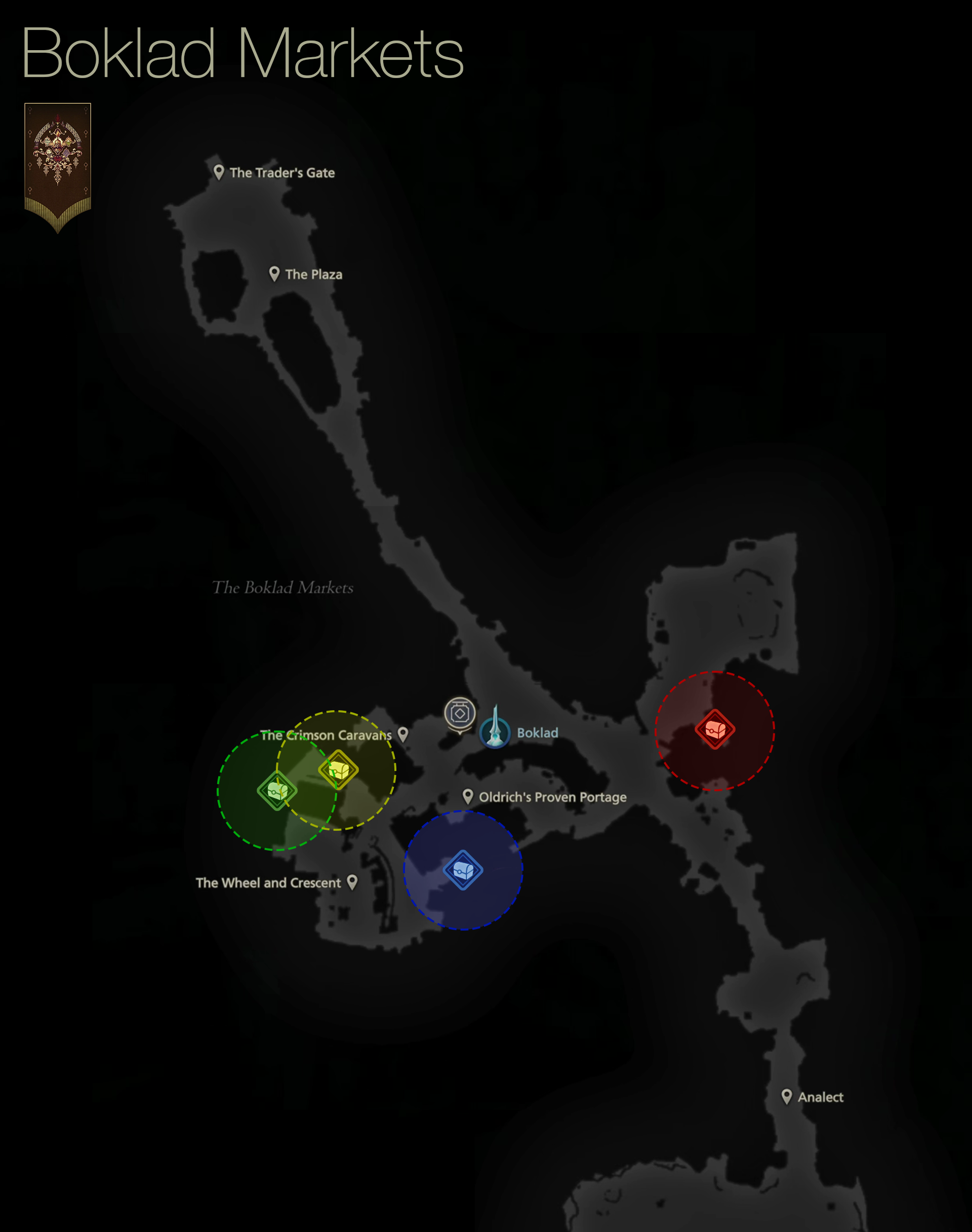 Map showing the location of the treasure coffers in the Boklad Markets area of Dhalmekia