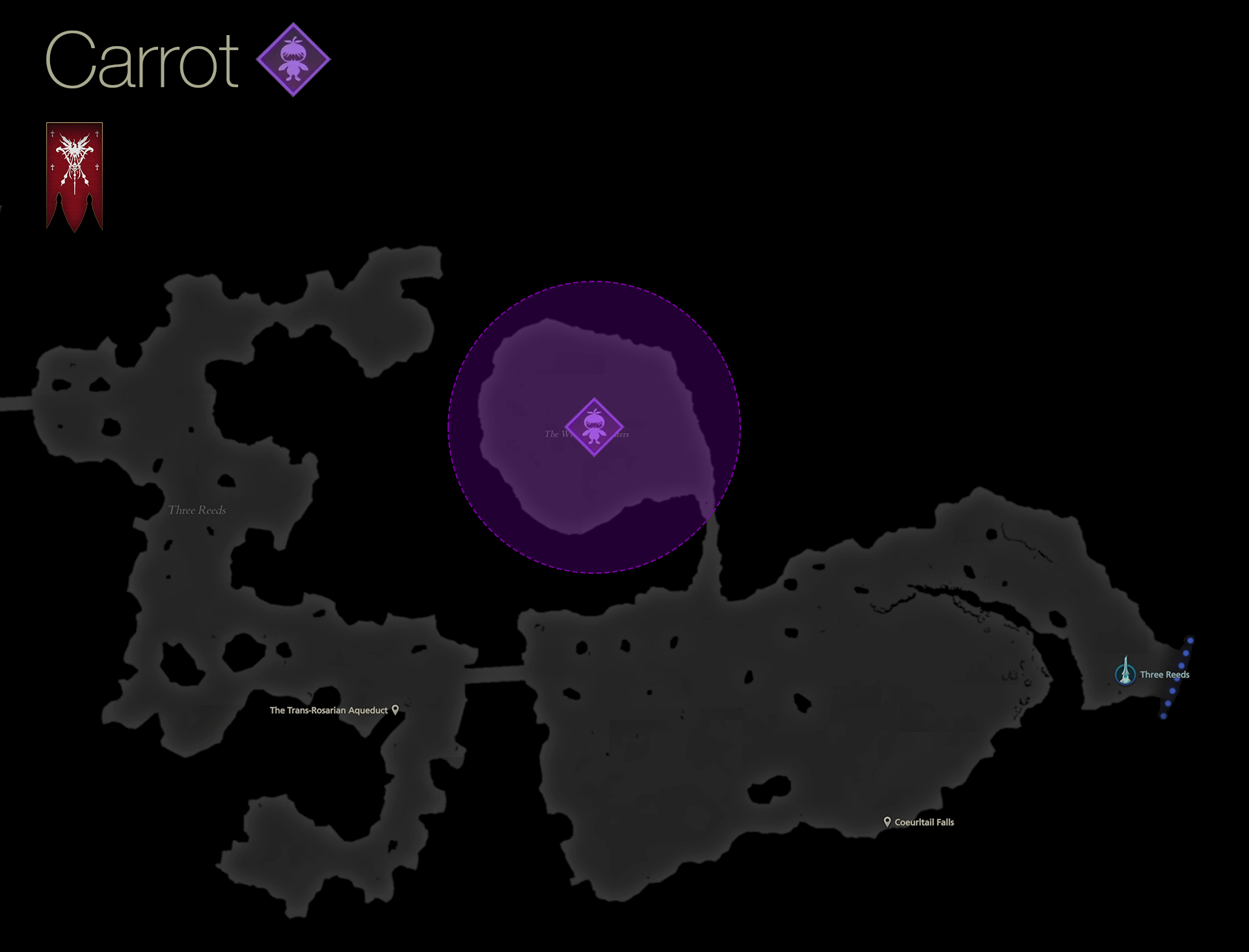 Map showing the location of Carrot in the Whispering Waters area of Rosaria